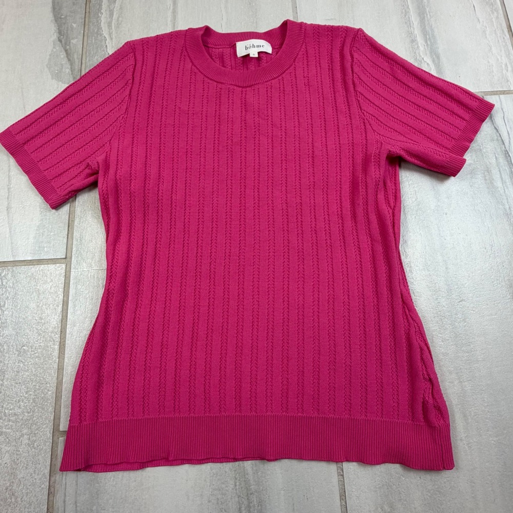 Bohme Magenta Pink Ribbed Cable Knit Short Sleeve Sweater Top BHM764WT Mens S